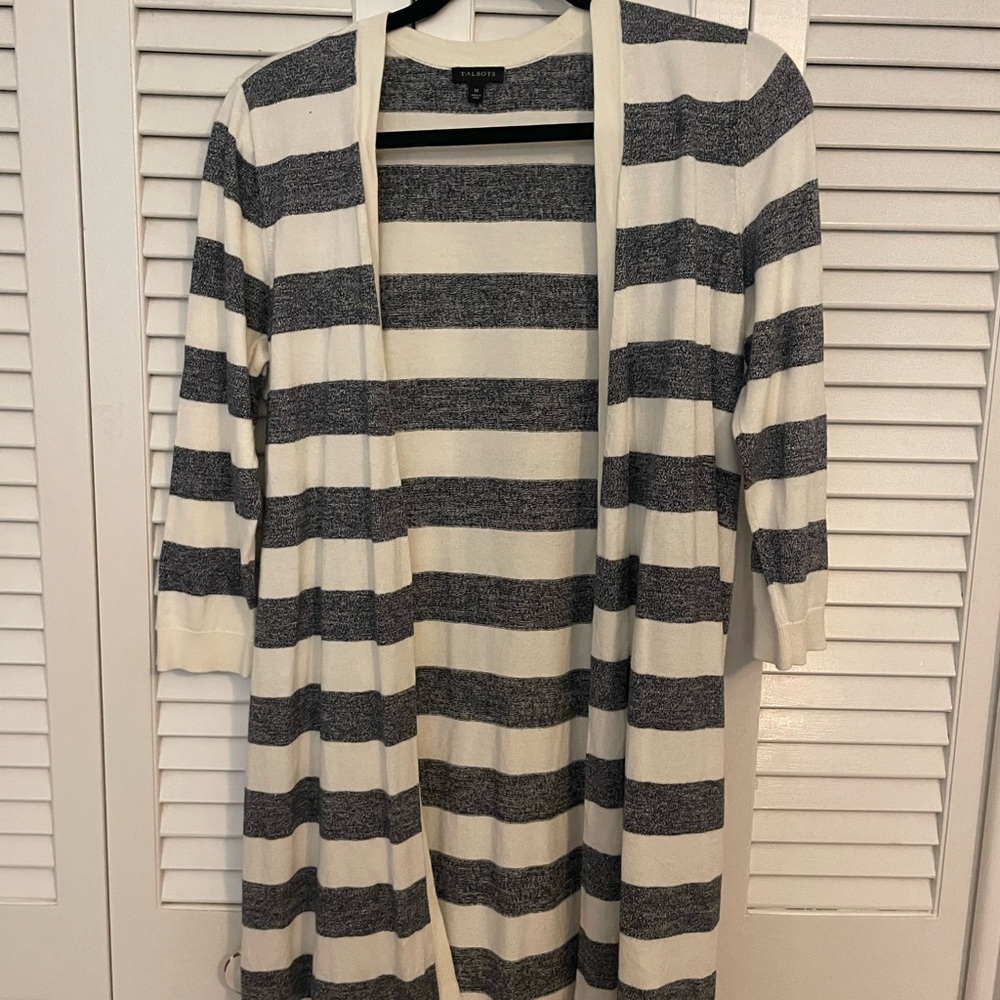 Talbots Navy and White Striped Cardigan Sweater